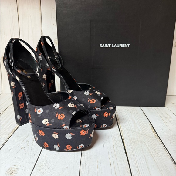 Saint Laurent Jodie Floral Polka Dot Platform Sandals Black Multi Sz 40 / 10 - Picture 1 of 16